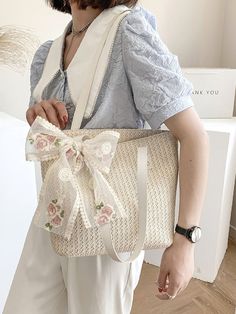 Bag For Love - Floral Embroidery Bow Decor Straw Bag  - Women Tote Bags Cute Cream Bags For Spring, Trendy Embroidered Beige Bag, White Embroidered Shopping Bags, White Large Capacity Straw Pouch Bag, Trendy White Embroidered Bags, Large Capacity White Straw Pouch Bag, Spring Gift Beige Bag, White Pouch Straw Bag For Daily Use, Cute White Bucket Shoulder Bag