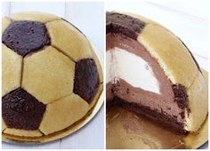 a cake with chocolate frosting and a soccer ball cut in half to show the inside