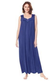 So lightweight, this bedtime essential feels like a breathe of fresh air. A sweetheart neckline is trimmed with lace, and finished with soft shirring. Sleeveless thick straps Straight hem52" lengthNylon, machine wash, importedCustomers also love our short sleeve gown! Click here to shop.Customers also love our sleeveless gown! Click here to shop. | Plus Size Women's Long Tricot Knit Nightgown by Only Necessities in Ultra Blue (Size 1X) Short Sleeve Gown, Ultra Blue, One Piece Clothing, Sleeve Gown, Sleeveless Gown, Women's Nightgowns, One Piece Pajamas, Gowns With Sleeves, Swimsuits For All