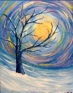 an acrylic painting of a tree in the snow with a full moon behind it