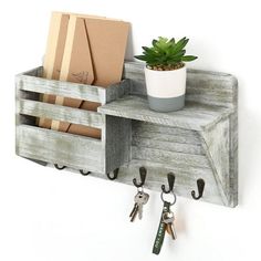 a wooden shelf with key hooks and a potted plant on it, hanging from the wall