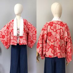 Vintage Japanese hip length red kimono.  Soft cotton, lined in cotton and silk.  The fabric has a nice drape and flows nicely. apparent alteration - a white collar has been stitched over the original collar. There are a number of stains minor thread pulls throughout the kimono including stains on the inside lining.  The bold red floral pattern does well to hide the marks. *The flaws have been taken into account and priced accordingly please check all photos.*  *Measurements are taken from the ba Red Vintage Kimono For Spring, Red Summer Outerwear With Kimono Sleeves, Red Kimono Sleeve Outerwear For Spring, Red Cotton Kimono With Long Sleeves, Vintage Red Kimono For Tea Ceremony, Red Cotton Long Sleeve Kimono, Spring Cotton Kimono For Tea Ceremony, Red Long Sleeve Cotton Kimono, Red Outerwear With Kimono Sleeves For Spring