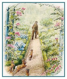 a drawing of a man walking down a path with dogs on either side and flowers in the background