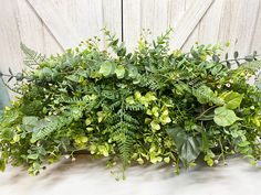 a bunch of green plants sitting on top of a white table next to a wooden wall