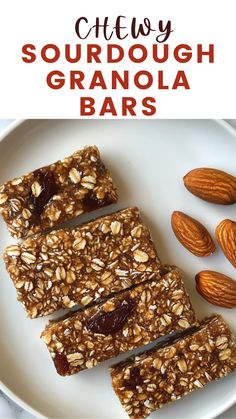 chewy sourdough granola bars on a plate with almonds