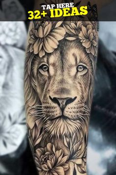 a lion with flowers and butterflies on his arm