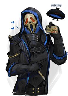 a drawing of a person in a hooded jacket holding a cell phone and wearing a mask