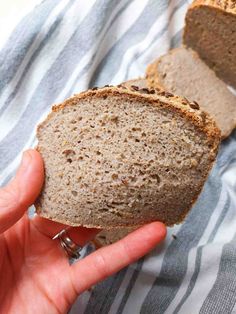 a person holding a piece of bread in their hand