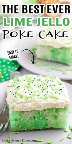 a piece of lime jello poke cake on a white plate with green sprinkles