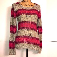 Pink Gray And Mauve Striped Tunic Sweater By Ashley. Size Small. Measures 14" And Stretch Up To 15.5" And 29" Long G1 Grey Long Sweater, White Tunic, Patterned Jeans, Painted Jeans, Hand Knitted Sweaters, Brown Sweater, Tunic Sweater, Chunky Sweater, Fitted Sweater