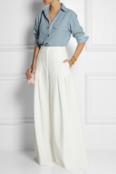 Palazzo Outfit, A Line Skirt Outfits, Casual Denim Outfits, Marlene Hose, Moda Hippie, Casual Hijab, Clothes Casual, Business Outfit, Wide Pants