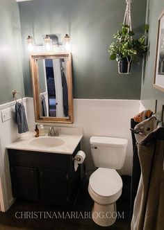 a white toilet sitting next to a sink in a bathroom under a mirror and potted plant