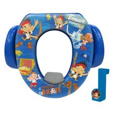 the children's potty seat is blue and has cartoon characters on it, including pirates