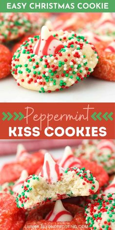 peppermint kiss cookies with white and green sprinkles on top, one is