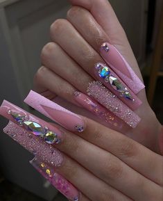 Pink Coffin Nail Designs, Nail Designs Bling, Coffin Nail Designs, Pink Coffin, Drip Nails