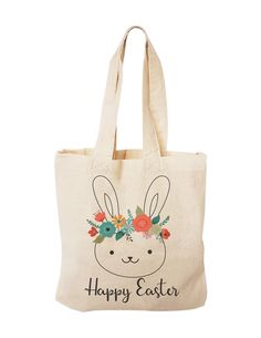 a canvas bag with an image of a bunny wearing a flower crown and the words happy easter