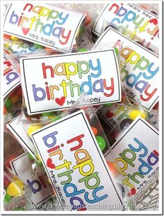 happy birthday candy bags with the words happy birthday written on them in bright colors and letters