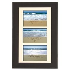 three pictures in a black frame with sand on the beach and ocean waves coming in