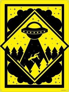 a black and yellow poster with an alien in the sky above mountains, trees and stars