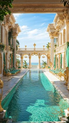 an outdoor swimming pool surrounded by columns and arches