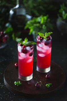 two glasses filled with red liquid and garnished with mint on a wooden plate