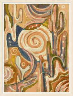 an abstract painting with cactuses and swirls in orange, pink, blue, green, yellow