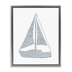 a sailboat is drawn in blue ink on a white paper with a black frame