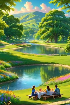 two people sitting at a picnic table near a river