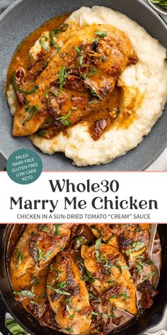 whole 30 mary me chicken in a sun - dried tomato cream sauce on top of mashed potatoes