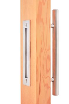 an open door with a metal handle on the front and back doors are made out of wood