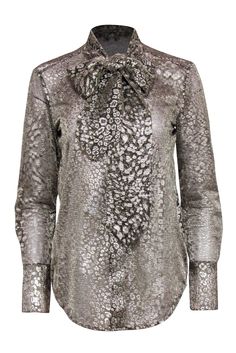 Current Boutique-Equipment - Gold Leopard Print Tie-Neck Blouse Sz XS Fitted Tie Neck Top For Evening, Chic Metallic Tops For Party Season, Elegant Leopard Print Blouse For Spring, Fitted Tie Neck Blouse For Party, Elegant Winter Tops With Sequins, Elegant Sequined Tops For Winter, Elegant Sequined Winter Tops, Elegant Winter Sequin Tops, Luxury Evening Blouse For Fall