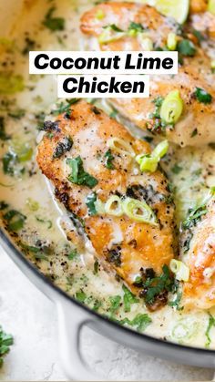 a pan filled with chicken and broccoli covered in coconut lime sauce