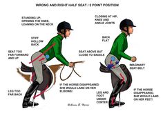 the horse rider's posture is shown in three different positions, including riding and walking