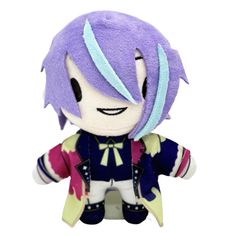 a stuffed animal toy with purple hair and blue eyes, wearing a colorful outfit on it's chest