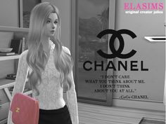 a woman with long blonde hair holding a pink purse in front of a chanel advertisement