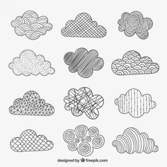 the different types of clouds are drawn in black and white, with lines on them