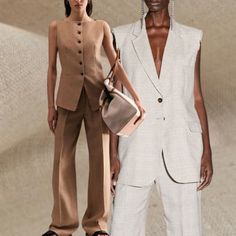 two models in white and brown outfits standing next to each other, one holding a handbag