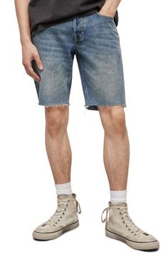 Nicked, whiskered and faded like a pair of old favorites, these shorts made of cotton denim sport cutoff legs that hit comfortably above the knees. 100% cotton Machine wash, tumble dry Imported Ripped Cotton Short Leg Jeans, Ripped Short Leg Cotton Jeans, Casual Distressed Short Jean Shorts, Ripped Short Leg Jeans, Casual Distressed Cutoff Jean Shorts, Relaxed Fit Jean Shorts With Frayed Hem, Medium Wash Shorts With Five Pockets, Relaxed Fit Shorts With Frayed Hem, Casual Frayed Hem Shorts