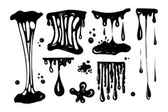 black ink on white paper with dripping drops and bubbles, set of four different shapes