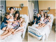 a family sitting on a hospital bed with their child's arms around each other