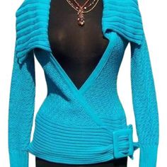 Cache Ocean Blue Delicious Neck Alternating Knit Pattern Wrap Top / Jacket With Self Belt New With Tags $98.00 + Tax May Fit Other Sizes, See Measurements Below Measurements Appx Flat & 1 Way-Un Stretched: 60% Cotton 40% Acrylic Size Xsmall +-18" Armpit / Armpit +-23" Long This Beauty Is Yummyyyyyyyy! & A Must Have! Luxury Blue Outerwear With Ribbed Cuffs, Elegant Knit Outerwear With Ribbed Cuffs, Blue Winter Tops With Ribbed Cuffs, Elegant V-neck Outerwear With Ribbed Cuffs, Knit Button-up Outerwear With Ribbed Cuffs, Zippered Sweater, Knitting Women Sweater, Wrap Sweater, Brown Sweater