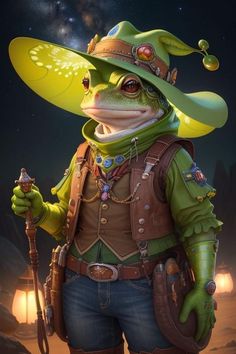 a frog wearing a cowboy hat and holding a cane in his right hand while standing on the ground