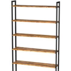 a wooden and metal shelving unit with four shelves