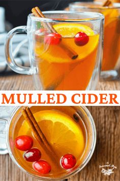 mulled cider in a glass mug with cinnamon sticks and orange slices on the rim