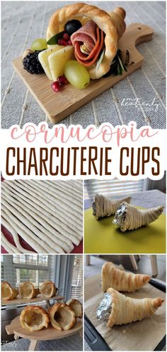 some food that is sitting on top of a cutting board and in front of the words, confectia charcuterie cups