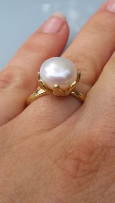 Large Pearl Gold Ring 14K Yellow Gold Statement Ring | Etsy Handmade Elegant 14k Gold Ring, Unique High Luster Jewelry For Wedding, Unique High Luster Wedding Jewelry, Nature-inspired 14k Gold Formal Jewelry, Nature-inspired 14k Gold Jewelry For Formal Occasions, Formal Nature-inspired 14k Gold Jewelry, Unique 14k Yellow Gold Pearl Ring, Unique Yellow Gold Pearl Ring For Wedding, Unique 14k Gold Pearl Ring For Wedding