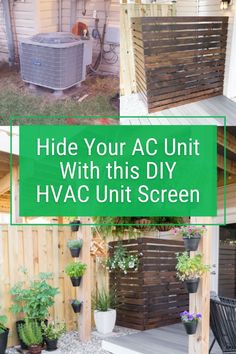 the back yard with plants and an air conditioner next to it that says hide your ac unit with this diy hvac unit screen