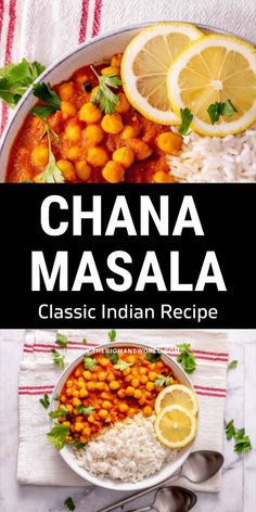 chana masala with rice and lemons on the side