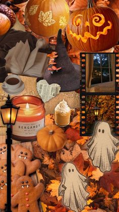 halloween collage with pumpkins, candles and cookies