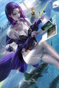 a woman with purple hair is sitting in the water and holding a book while looking at her cell phone